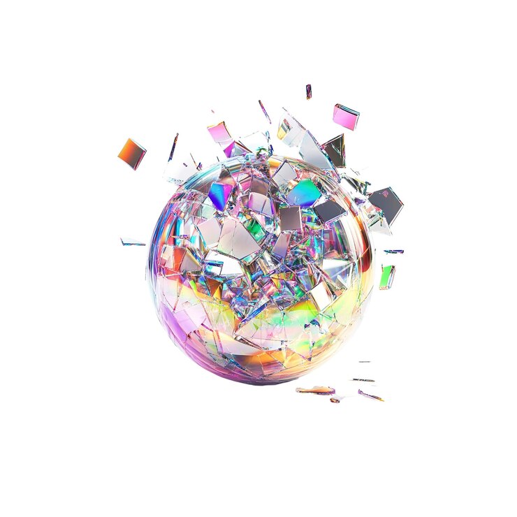 PSD esfera iridescente destrozada explosión abstracta de fragmentos de vidrio de colores