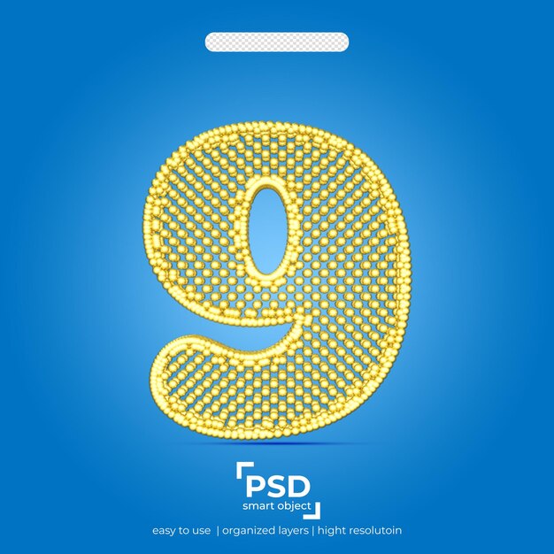 PSD esfera número nueve efecto de texto color dorado.