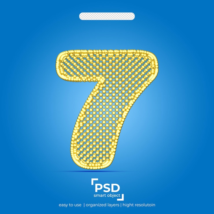 PSD esfera número siete efecto de texto color dorado.
