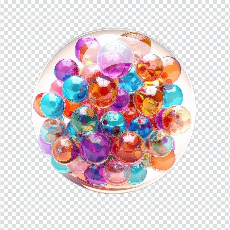 PSD esfera transparente con moléculas de colores