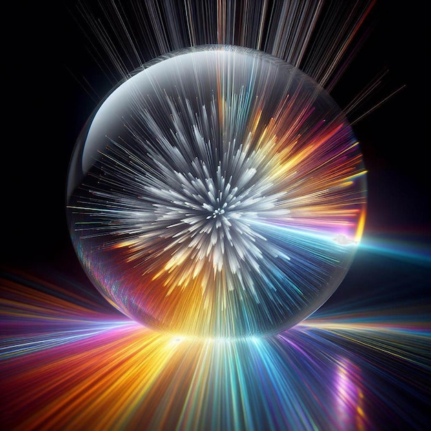 PSD esfera de vidrio hiperrealista que refleja el espectro de luz de color el fondo del haz de luz de colores