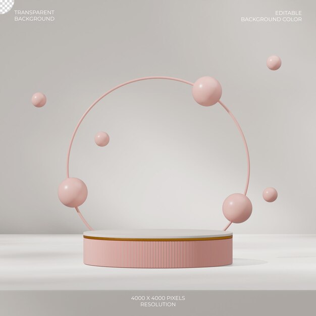 Esferas y anillo imagen 3D renderizar trasfondo transparente de color blanco y rosa podio en cuadrado
