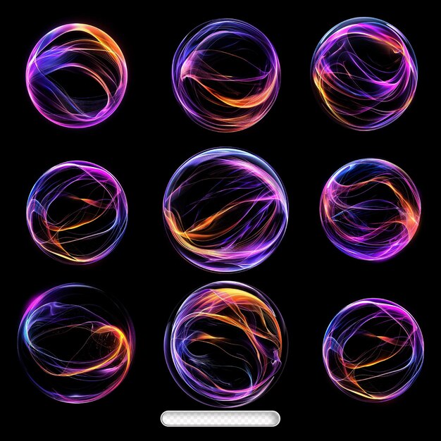 Esferas transparentes de colores con patrones giratorios dinámicos sobre un fondo oscuro