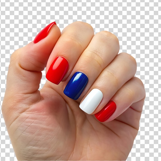 PSD esmalte de uñas patriótico rojo azul con la bandera estadounidense aislada sobre un fondo transparente