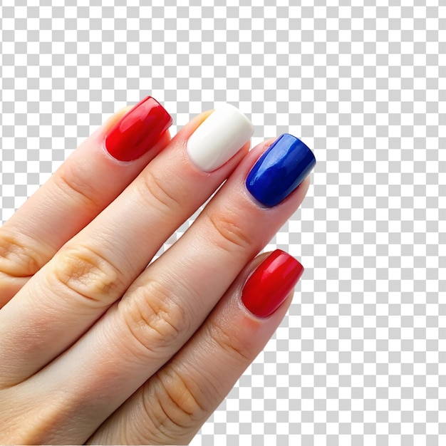 Esmalte de uñas patriótico rojo azul con la bandera estadounidense aislada sobre un fondo transparente