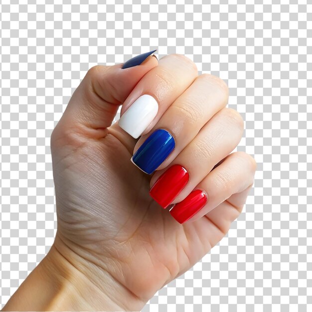 Esmalte de uñas patriótico rojo azul con la bandera estadounidense aislada sobre un fondo transparente