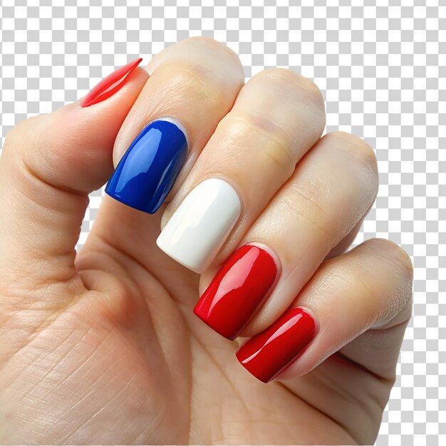 PSD esmalte de uñas patriótico rojo azul con la bandera estadounidense aislada sobre un fondo transparente