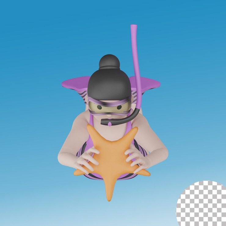 esnórquel femenino y estrellas de mar ilustración 3d