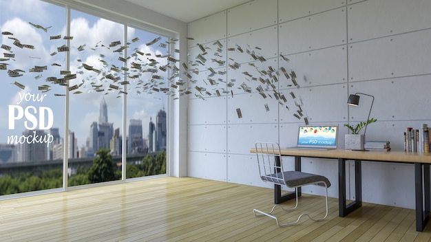 Espace de travail de design d'intérieur avec maquette de cadre et maquette de vue