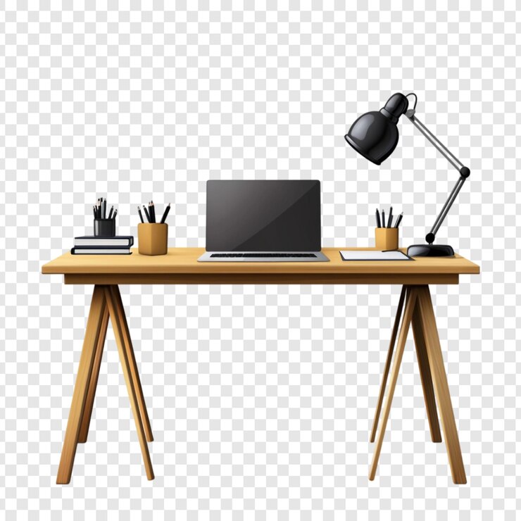 PSD espace de travail organisé bureau en bois moderne avec lampe d'ordinateur portable et papeterie