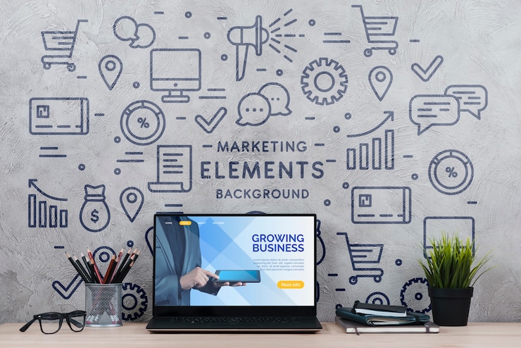 PSD espace de travail avec plante et ordinateur portable