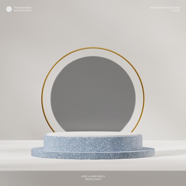 espace vide du podium en terrazzo dans un cercle de verre en anneau d'or carré fond transparent rendu 3D