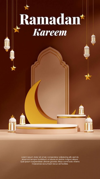 espace vide podium blanc marron en portrait lune, étoiles et lampe ramadan kareem, rendu 3d