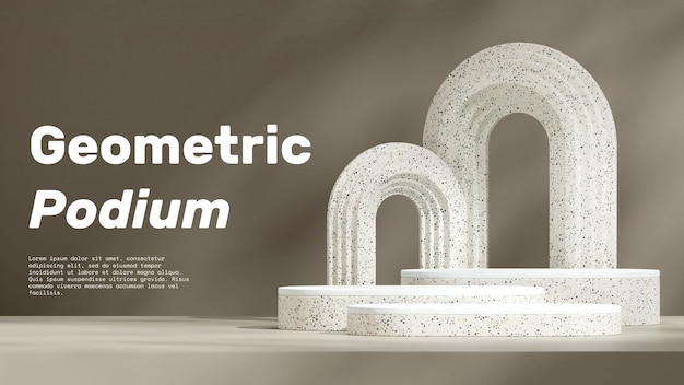 Espace Vide Podium En Matériau Blanc Et Terrazzo En Forme D'arc De Paysage à L'arrière-plan Rendu 3d