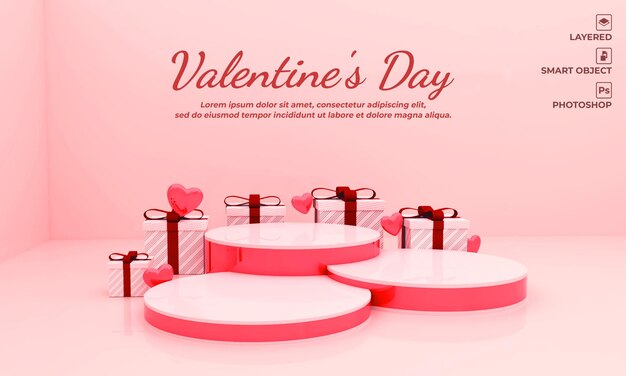 Espacio en blanco del podio del día de san valentín y renderizado 3d de caja de regalo para maqueta, fondo, pancarta