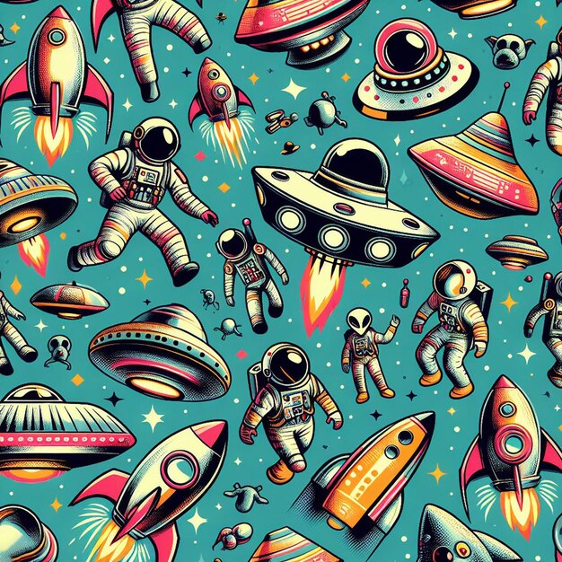 Espacio sin costuras hiperrealista vector colorido patrón textura tela cohetes ovnis astronautas alienígenas