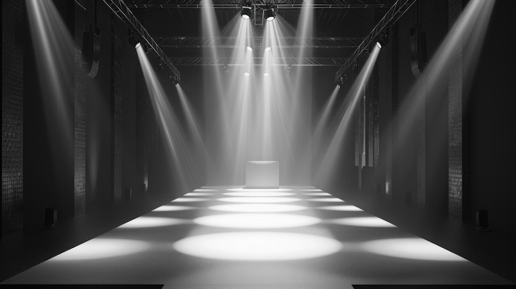 PSD espacio industrial oscuro con focos que iluminan una plataforma central