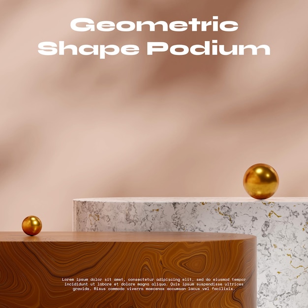 Espacio de maqueta de podio de textura de mármol y madera en cuadrado con pared de color albaricoque, representación de imagen 3D