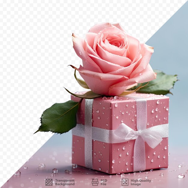 Espacio de texto con fondo transparente rosa rosa caja de regalo gotas de agua