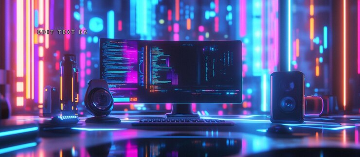 PSD espacio de trabajo de codificadores iluminados con altavoces de teclado de computadora y auriculares