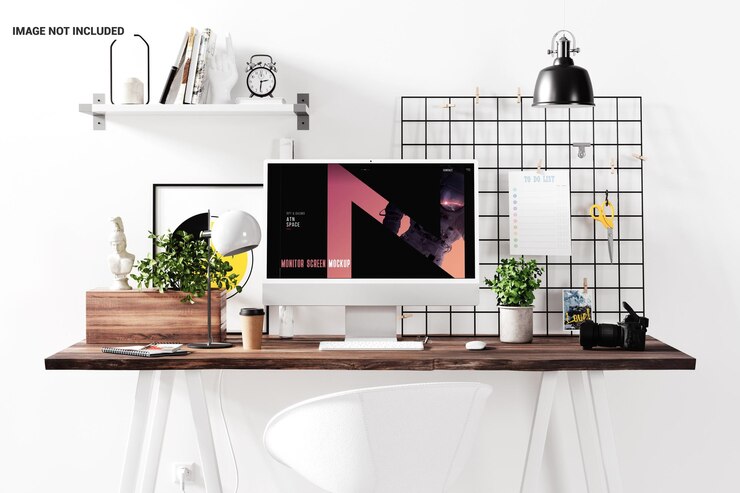 PSD espacio de trabajo con una computadora en casa o en una maqueta de estudio