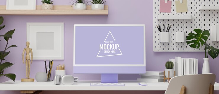PSD espacio de trabajo en diseño de pared púrpura con computadora de escritorio en el escritorio y espacio de copia ilustración 3d