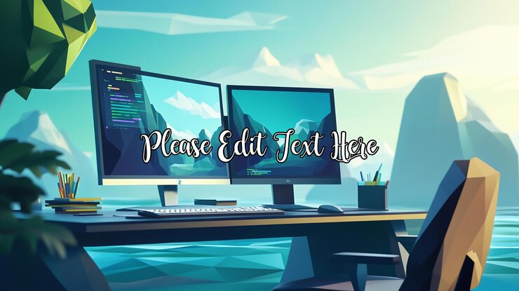 PSD espacio de trabajo escénico lowpoly con monitores duales que muestran código y paisaje