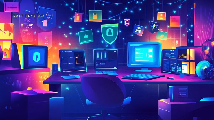 PSD espacio de trabajo para expertos en ciberseguridad con múltiples pantallas que muestran datos e iconos de seguridad