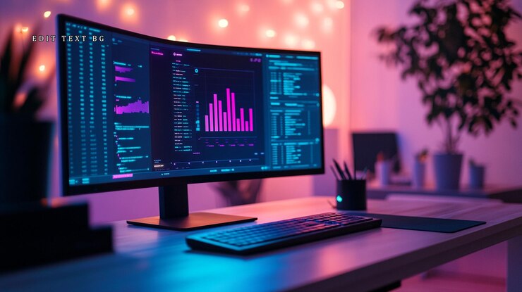 PSD espacio de trabajo iluminado con monitor ultraancho que muestra gráfico y código de análisis de datos