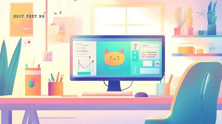 PSD espacio de trabajo iluminado por el sol con computadora que muestra un diseño gráfico de gato lindo