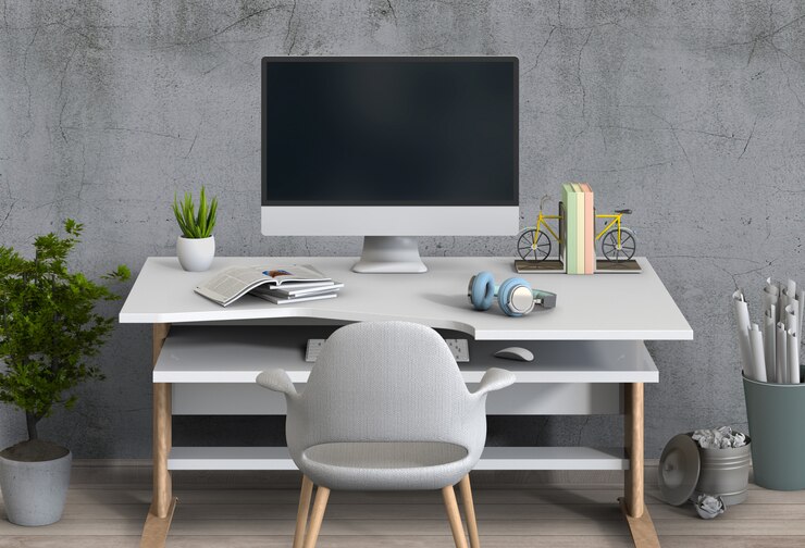 PSD espacio de trabajo interior moderno de la sala de estar con escritorio y computadora de escritorio