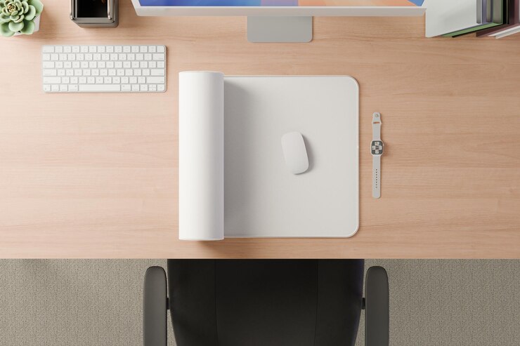 PSD espacio de trabajo limpio y moderno con computadora y accesorios