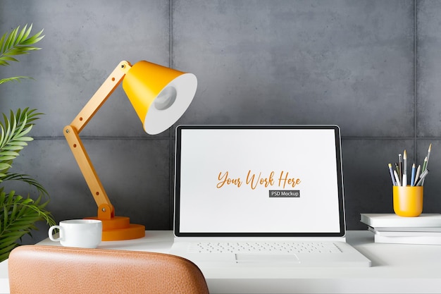 Espacio de trabajo con maqueta de computadora portátil con pantalla en blanco. Representación 3D.