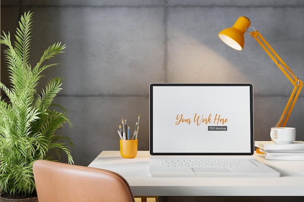 Espacio de trabajo con maqueta de computadora portátil con pantalla en blanco. Representación 3D.