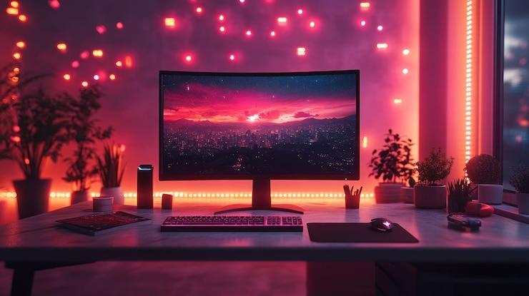PSD un espacio de trabajo minimalista moderno con un ratón de teclado de computadora y plantas iluminadas por luces led rosas y rojas