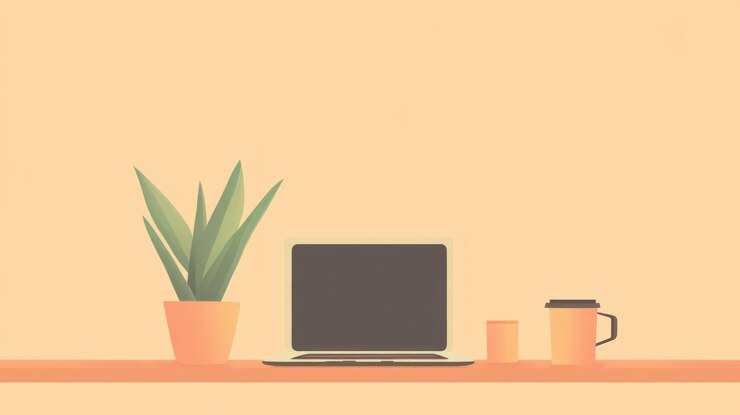PSD espacio de trabajo minimalista con planta de portátil y taza de café en un escritorio