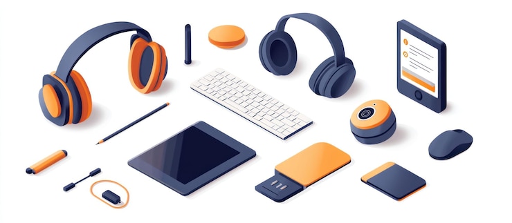 PSD espacio de trabajo moderno con auriculares, teclado, tableta, ratón y otros accesorios