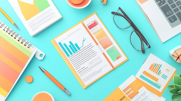 PSD espacio de trabajo moderno y colorido con documentos, gráficos y accesorios