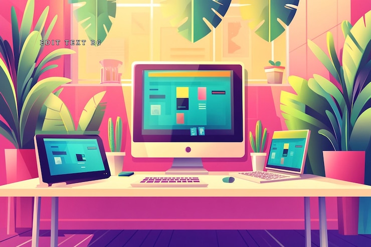 PSD espacio de trabajo moderno con computadora, tableta, portátil y plantas