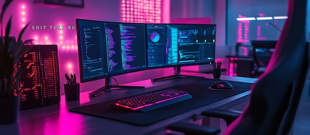 Espacio de trabajo moderno para jugadores con triples monitores que muestran código de teclado, ratón e iluminación RGB