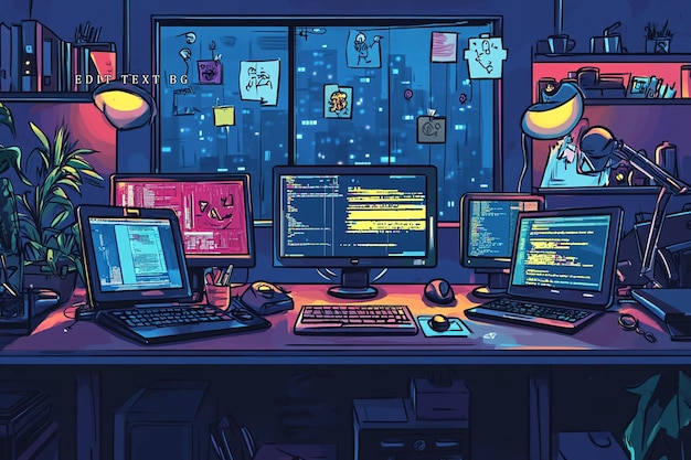 Espacio de trabajo nocturno para codificadores con múltiples monitores que muestran la vista de la ciudad de código y accesorios de escritorio