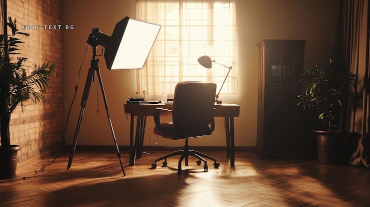 PSD espacio de trabajo de oficina en el hogar iluminado por el sol con equipo de iluminación fotográfica