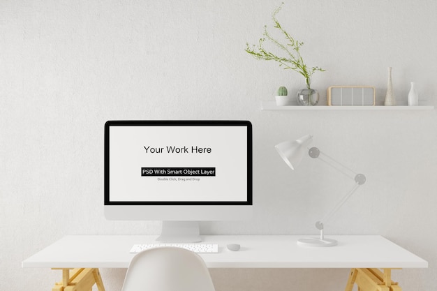 PSD espacio de trabajo con renderizado de computadora portátil de pantalla en blanco de maqueta