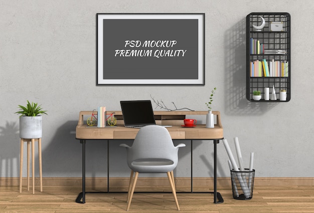 Espacio de trabajo de sala de estar interior con computadora portátil y maqueta cartel en blanco