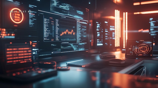 Espacio de trabajo tecnológico futurista con pantallas brillantes que muestran gráficos de datos y código