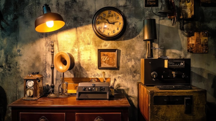 PSD espacio de trabajo vintage con reloj y equipo de audio