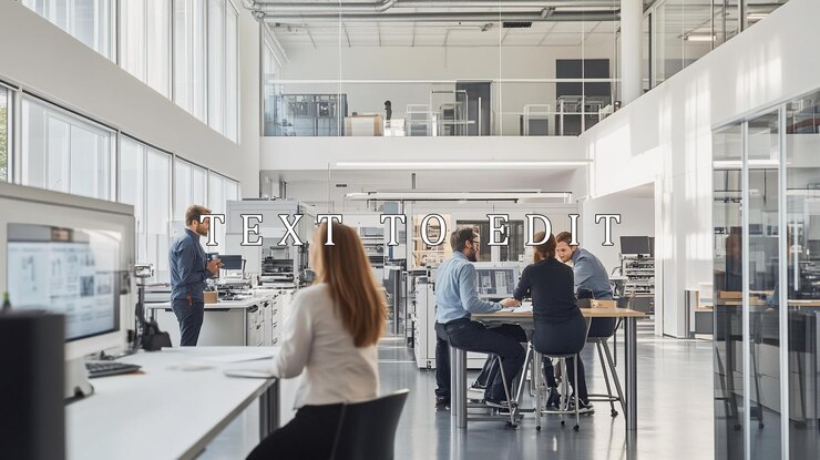 PSD espaço de escritório moderno e brilhante com engenheiros colaborando e trabalhando em computadores