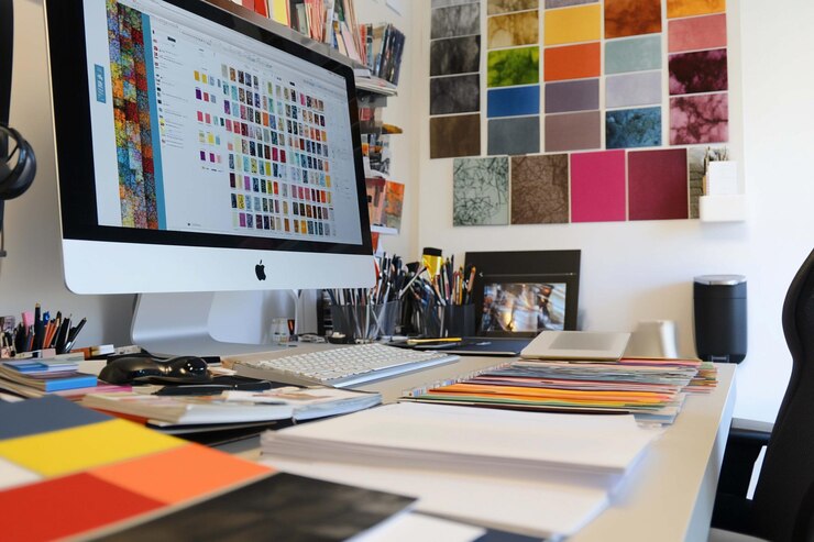 PSD espaço de trabalho de designer organizado com amostras de cores de computador e materiais de design