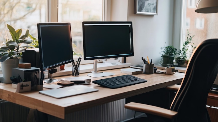 PSD espaço de trabalho moderno de escritório em casa com dois monitores de computador, plantas de teclado e cadeira