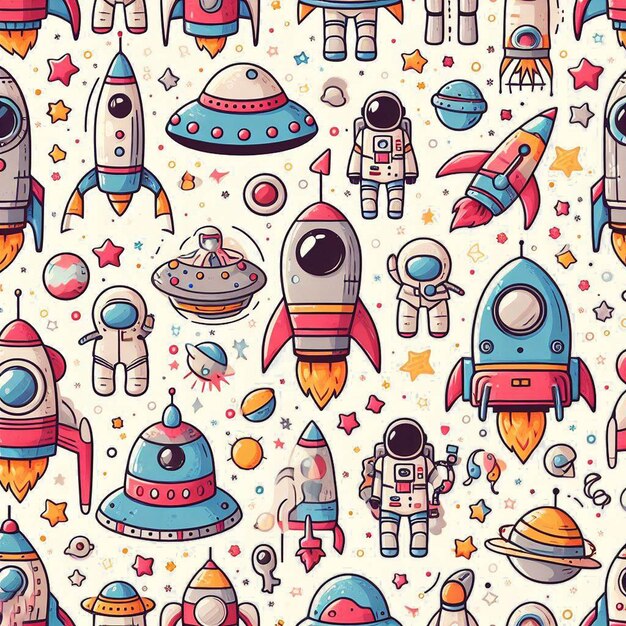 Espaço hiperrealista sem costuras vetor colorido padrão textura tecido foguetes ufo astronautas alienígena